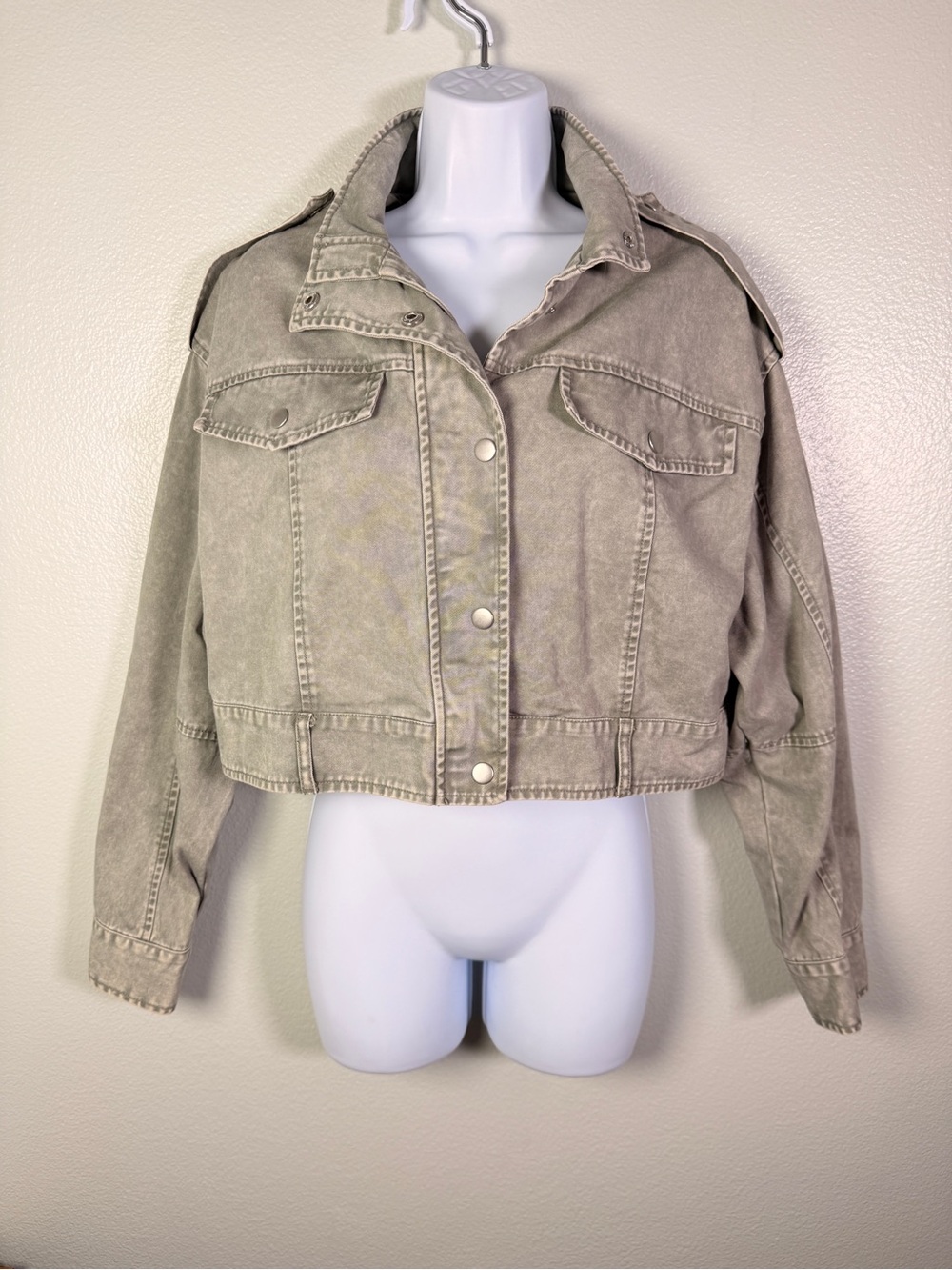ASOS Crop Denim Light Sage Cropped Utility Military Women's Jacket Size 6